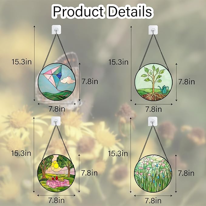 Stained Glass Window Hanging 4 Pcs Set Pink Green Spring Saplings Flowers 7.8" - Suncatcher Door Garden Sun Catcher Home Decor Mother's Day for Woman Nana Mom Men