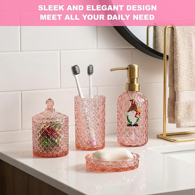Pink Bathroom Accessories Set, 4Pcs Clear Glass Bathroom Sets Accessories, Lotion Soap Dispenser, Toothbrush Holder Set, Soap Dish, Qtip Holder for Vintage Christmas Bath Decor, Gift Set