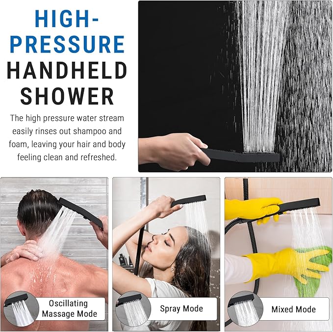 G-Promise All Metal 16 Inch Shower Head with Massage Mode Handheld, Rain Shower Head with Handheld Spray Combo, 3-Way Diverter with Pause Setting, 12 Inch Adjustable Extension Arm (Matte Black)
