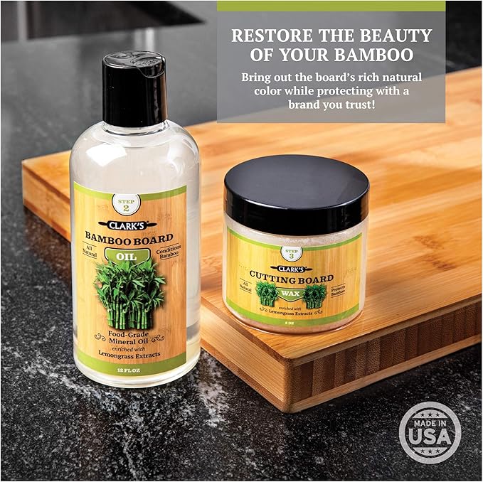 CLARK'S Food Grade Mineral Oil (12oz) and Carnauba Wax (6oz) Set - 100% Natural Butcher Block Oil and Cutting Board Wax - Food Safe Beeswax and Wood Cutting Board Oil with Lemongrass Extract