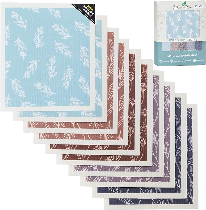 Swedish Dishcloths for Kitchen100% Biodegradable | 10 Pack Reusable Cellulose Sponge Cloths | Ultra Absorbent, Eco-Friendly Cleaning Towels | Dishcloths for Washing Dishes and General Cleaning