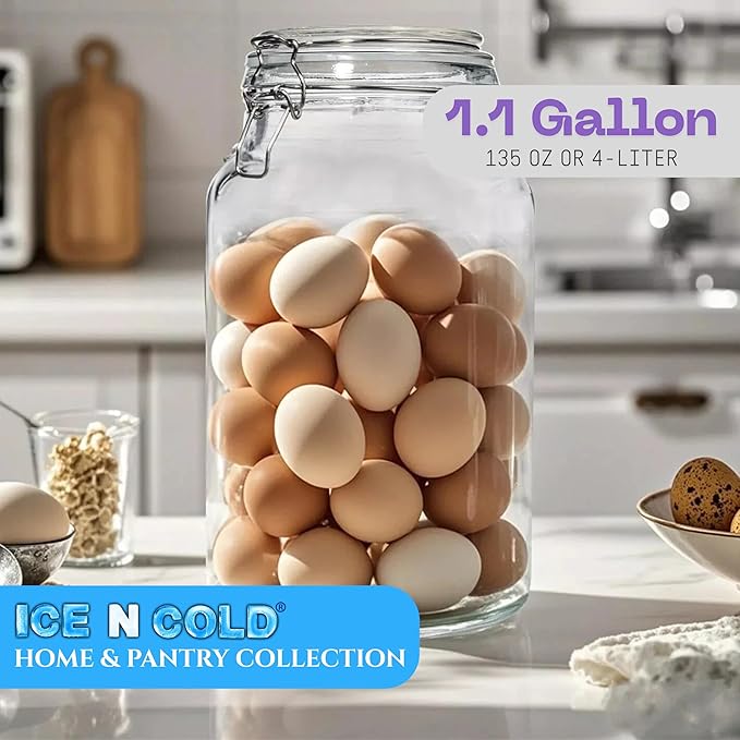 Airtight Glass Storage Jars with Clamp Lid - Food Storage Containers with Rubber Gasket Seal – Pantry & Kitchen Canisters for Dry Goods, Coffee, Sugar, Pasta -135oz | 4L | 1 GAL (4 pk)