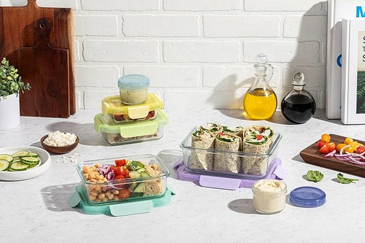 Ello Color Lock 12PC Mixed Glass Food Storage Sets, Leak-Proof Glass Food Storage Containers with Airtight BPA-Free Plastic Lids, Dishwasher, Microwave, and Freezer Safe, Purple Rain