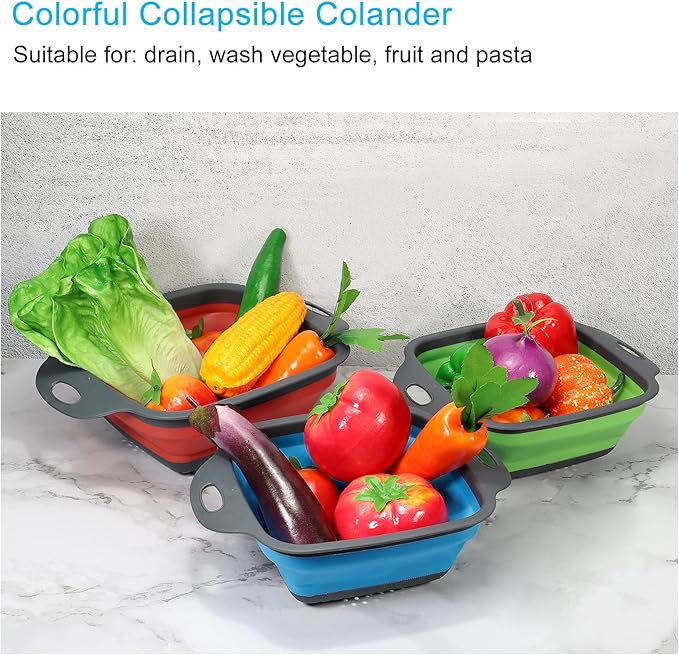 Collapsible Colander Set, 2pcs Silicone Square Foldable Strainer Space Saving Suitable for Pasta, Vegetables, Fruits - Red Green Small