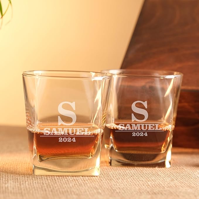 Personalized Whiskey Glasses Gift Set with Engraved Wooden Box and Whiskey Stones – Custom Whiskey Glassware for Men & Whiskey Lovers