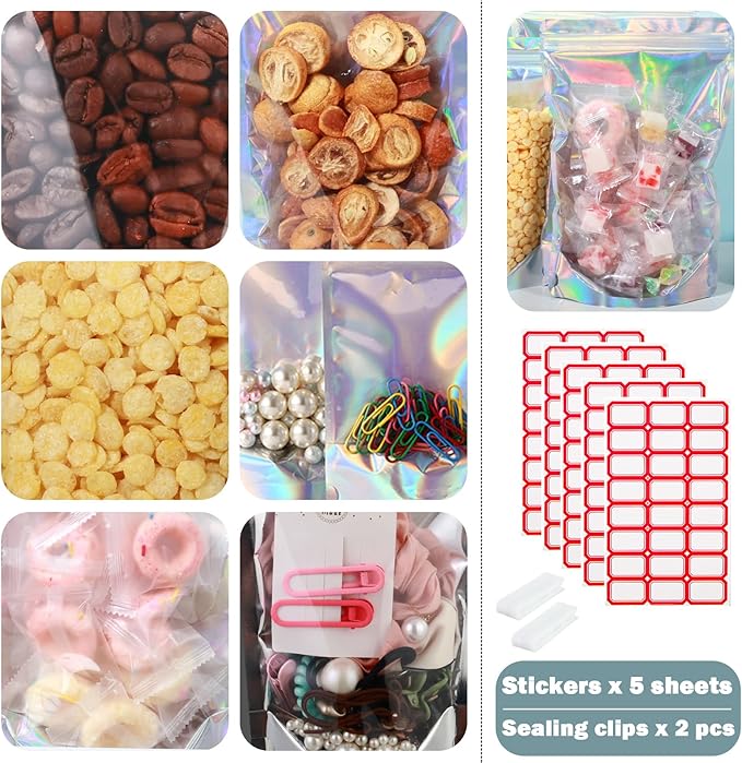 150-pack 3.9” x 5.9” Stand Up Mylar Bags with Clear Window Small Resealable Foil Pouches for Food Storage Smell Proof Edible Packaging Bag, Small Plastic Storage Bag Bulk, Holographic