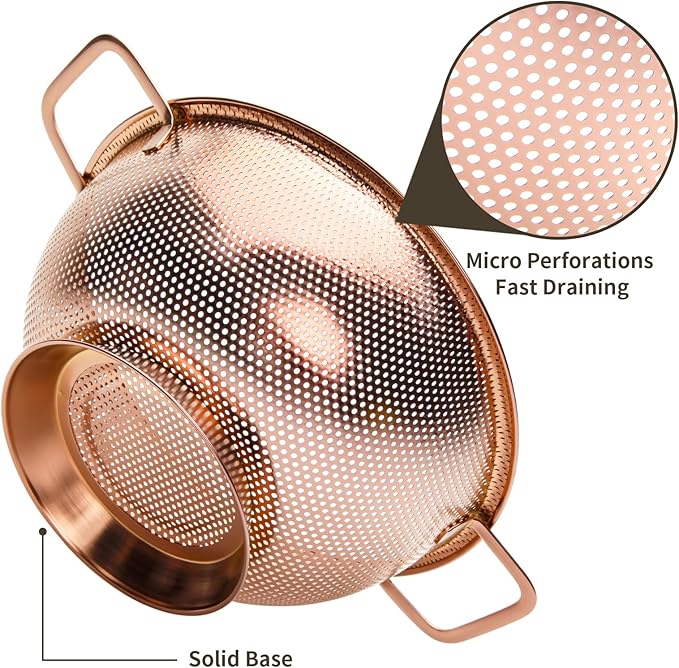Colander 3-Quart with Handle, Food Metal Strainer for Kitchen Sink, Pasta Pot for Noodles Vegetables and Fruits, Stainless Steel, Rose Gold