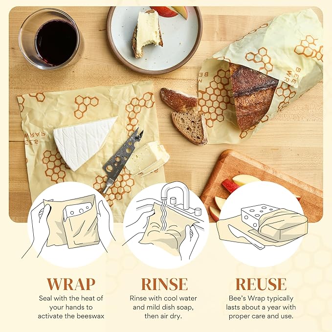Bee's Wrap Beeswax Wraps for Food - Honeycomb Large 3 Pack Made in USA Reusable & Organic Food Wraps, Sandwich Wrap & Bowl Covers - Eco-Friendly Alternative to Aluminum Foil & Plastic Wrap