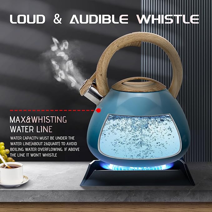 MARSKITOP Tea Kettle Stovetop Whistling Tea Pots for Stove Top Food Grade Stainless Steel Teapot for Induction Cooktop, 2.6 Quart, Blue