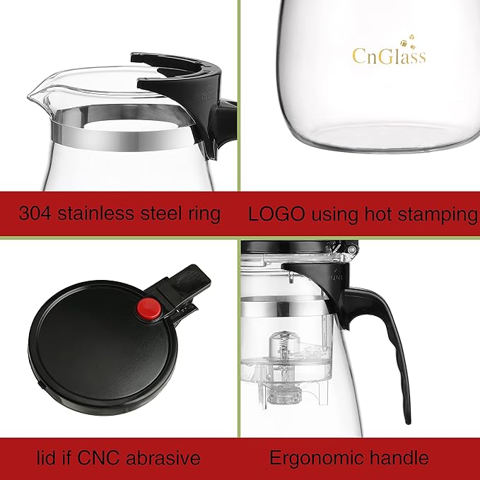 CNGLASS Glass Teapot with Removable Infuser,30.5oz Clear Tea Kettle with One Button Press to Filter the Tea Soup,Loose Leaf and Blooming Tea Maker