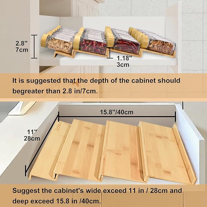 Spice Drawer Organizer with 20 Bamboo-lidded Spice Jars,216 Labels,25 Non-slip Rubber, Bamboo 4 Tier Seasoning Rack Tray Insert for Kitchen Drawers,Cabinets,Countertop,11" Wide x 15.8" Deep