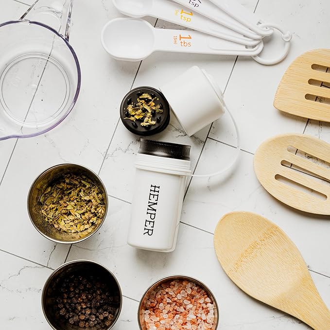 Hemper Keeper 3‑in‑1 Herb Grinder with Dual Storage Container - Smell‑Proof, Airtight & Water‑Resistant - Built‑In Removable Grinder, Dual Compartments for Flower & Ground - (White)