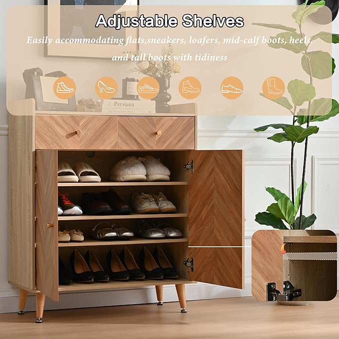 Shoe Storage Cabinet with 2 Doors, 20 Pairs Shoes Cabinet for Entryway with Adjustable Shelves and 2 Drawer, 31.5'' Wide Shoe Rack Shoe Organizer Cabinet for Entryway Living Room (Naturel)