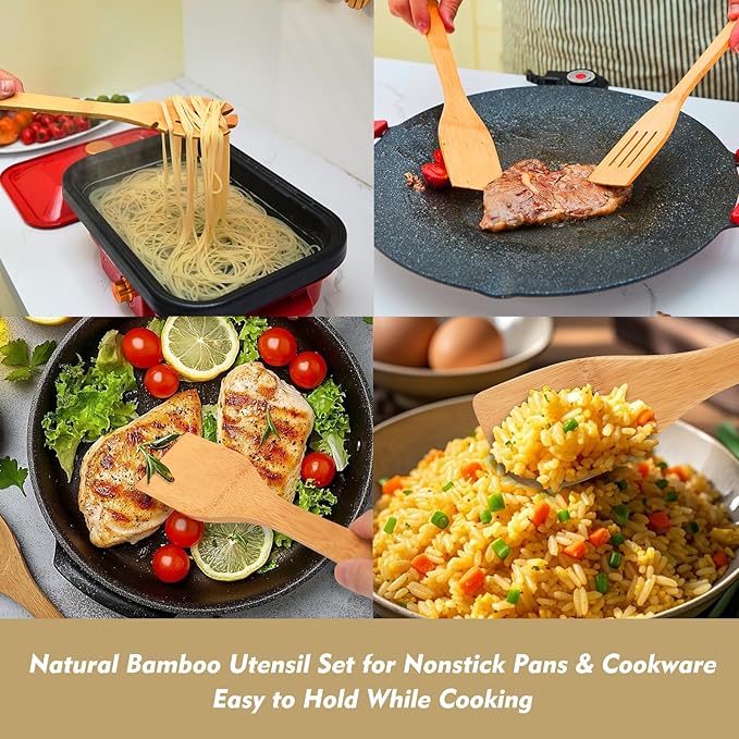 7 Pcs Wooden Spoons for Cooking, Natural Bamboo Utensil Set for Nonstick Pans & Cookware, Non Toxic, Easy Clean, Lightweight & Heat Resistant