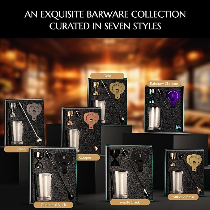 4 Piece Cocktail Kit by Bull In China - Premium Bartender Gift Set Includes Flagship Mixing Glass, 12 inch Barspoon, Bell Jigger & Hawthorne Strainer For Professional & Home Bars (Stainless Steel)