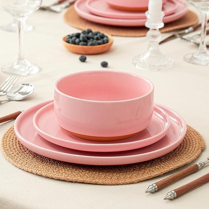 24 Piece Dinnerware Sets for 8, Dual Glaze Stoneware Plates and Bowls Set, Microwave and Dishwasher Safe, Pink