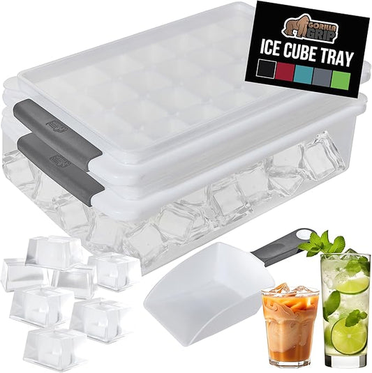 GORILLA GRIP BPA-Free Easy Release Stackable Ice Cube Tray for Freezer, Set Makes 56 Cubes for Cocktail Drinks, Coffee, Bucket Kit Includes 2 Leakproof Trays with Lid and Scooper, Kitchen Tool, Gray