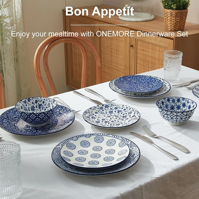ONEMORE Ceramic Dinnerware Sets, 12 Piece Stoneware Plates and Bowls, Dish Sets for 4 - Scratch Resistant, Dishwasher & Microwave Safe, Vintage Blue