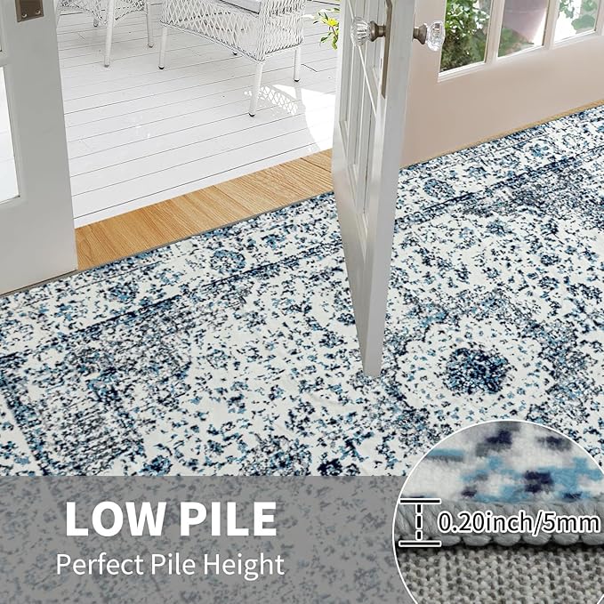 Easy-Going Boho Area Rug 2x3 Washable Entryway Rugs Front Door Mat Indoor Entrance Non-Slip Vintage Small Entry Rug for Living Room Kitchen Bathroom Office Lightweight Carpet, Floral Blue Cream
