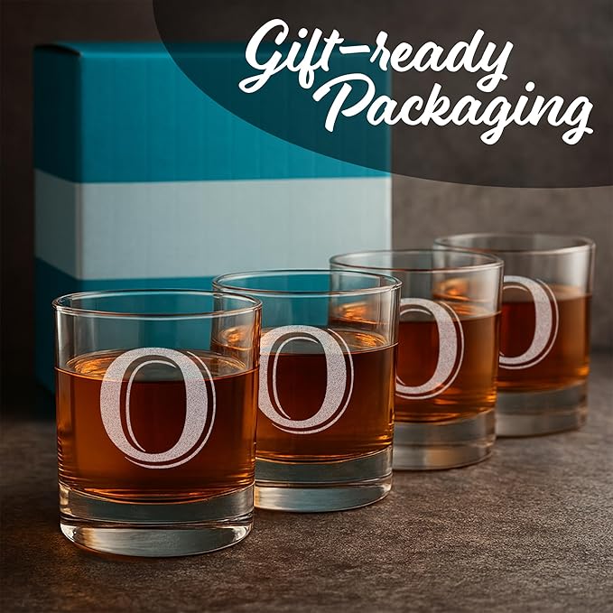 On The Rox Drinks (O-Monogram)- 4 Piece Set of 11 Ounce Engraved Heavy Base Rocks Glasses- Quality Elegant Glass-Multi-Purpose Beverage-Rocks Glass- For any Occasion