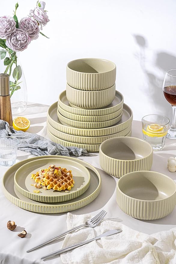 Healing Green Plates and Bowls Sets for 6,FOBENTA 18 Piece Ceramic Dinnerware Set – Dish Set for Light Living & Refreshing Everyday Rituals