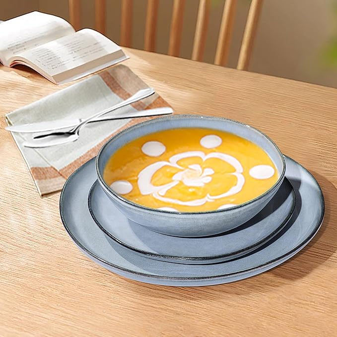 Herogo 24 Piece Dinnerware Dishes Sets for 8, Stoneware Plates and Bowls Dinner Set, Irregular Handmade Dishware Tableware for Home Kitchen, Microwave & Dishwasher Safe, Smoky Blue