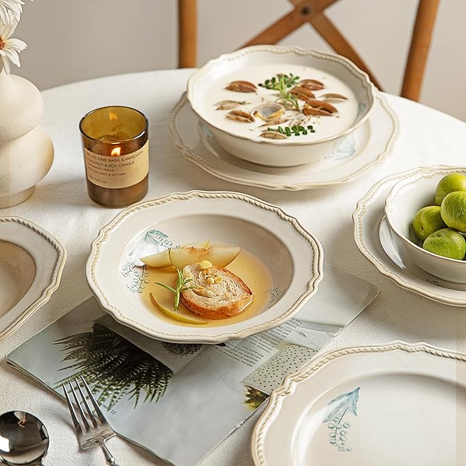 8-Piece Dinnerware Set - Lily Bloom Series, Service for 4, Includes 6'' Bowls & 10'' Plates, Retro Vintage Floral Style, Microwave & Dishwasher Safe