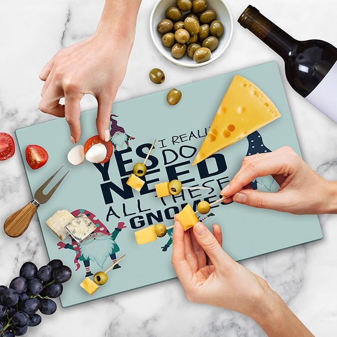 Ambesonne Saying Cutting Board, Yes I Really Do Need All These Gnomes Christmas Garden Theme Xmas Winter Season, Decorative Tempered Glass Cutting and Serving Board, Large Size, Sky