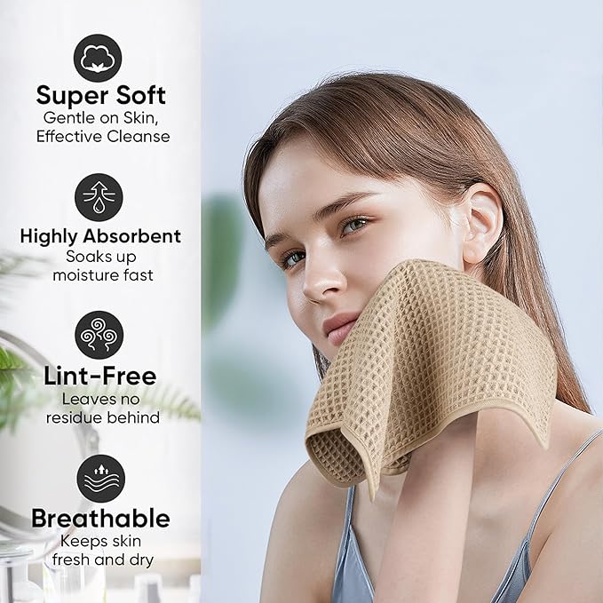 Microfiber Waffle Face Towels, 4 Pieces, Soft, Absorbent, Fast Drying, Lint Free (Beige)
