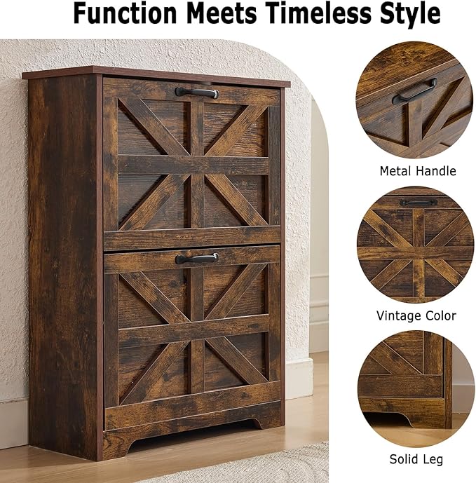 Shoe Storage Cabinet with 2 Flip Drawers, Farmhouse Shoe Organizer with Barn Door Design, Space-Saving Hidden Narrow Shoe Rack Cabinet for Entryway, Hallway & Foyer，Brown