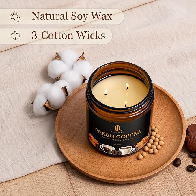 Fresh Coffee Scented Candle, 12oz 60 Hour Long Lasting Candles, Large 3 Wick Natural Soy Candles for Home Scented, Candle Gifts for Women Men