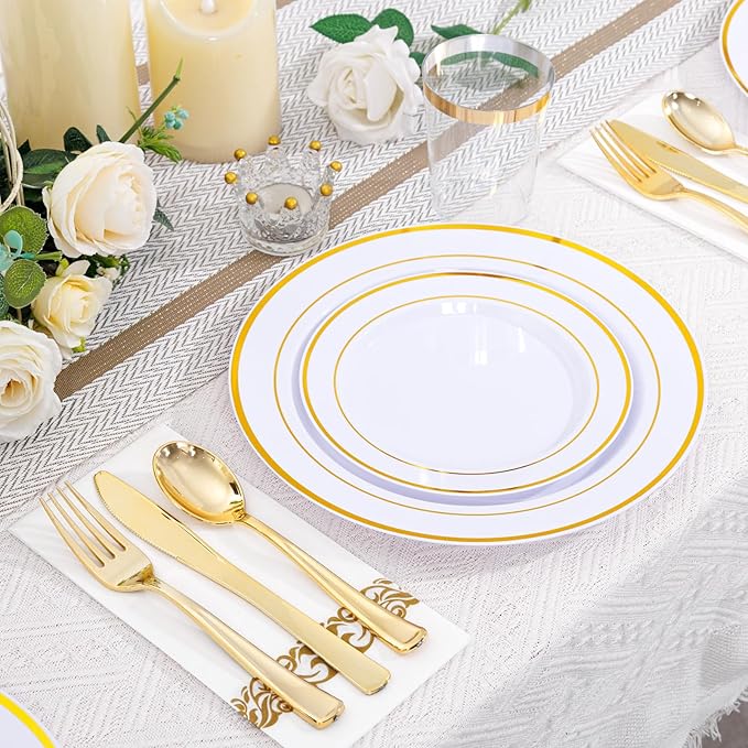 Supernal 800Pcs Gold Plastic Dinnerware Set, White Elegant Plastic Plates, Heavy Duty Disposable Plates Serve 100 Guests Including Dinner & Dessert Plate, Gold Silverware, Cups and Napkins for Wedding