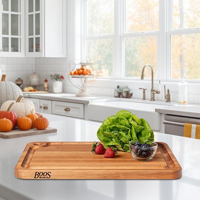 John Boos Prestige Series Rectangular Wooden Maple Cutting Board 22”x16” – 1.25” Thick, 13-lb Reversible Butcher Block with Juice Groove, Edge-Grain & Finger Grip Hole – Made in the USA