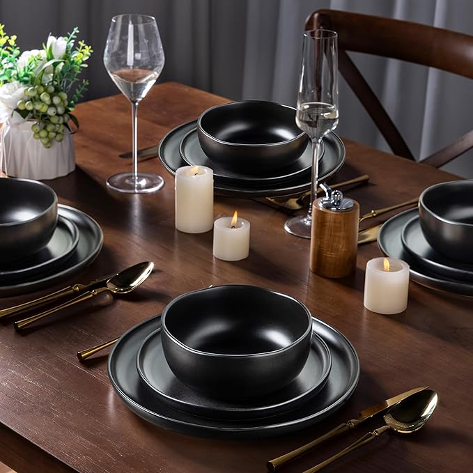 AmorArc Ceramic Dinnerware Sets, Wavy Rim Stoneware Plates and Bowls Sets, Highly Chip and Crack Resistant | Dishwasher & Microwave & Oven Safe Dishes set, Service for 6 (18pc)