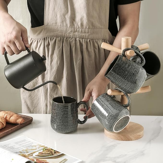 HASENSE Ceramic Coffee Mugs - 15 OZ Large Coffee Cups Set of 4 with Handle for Hot Beverage, Porcelain Latte Mugs for Tea, Milk, Cocoa, Cappuccino and Mocha, Microwave and Dishwasher Safe, Grey
