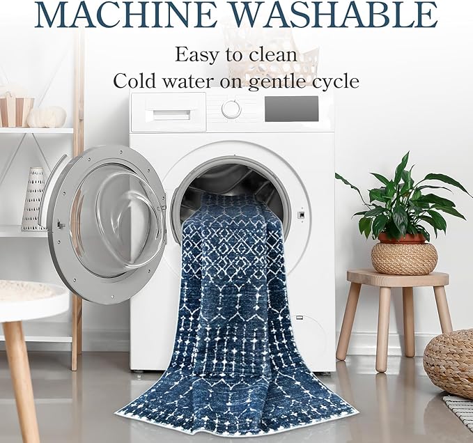 Lahome Moroccan Indoor Rugs for Entryway - 2x3 Area Rug Non-Slip Backing Washable Inside Door Mats Low-Profile Throw Soft Rugs for Bathroom, Geometric Print Distressed Blue Rug for Kitchen Bedside