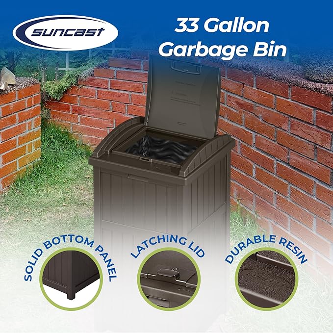 Suncast Trash Hideaway Durable Plastic Outdoor Garbage Waste Trash Can with Lid for 30 to 33 Gallon Trash Bags, Java Brown (2 Pack)