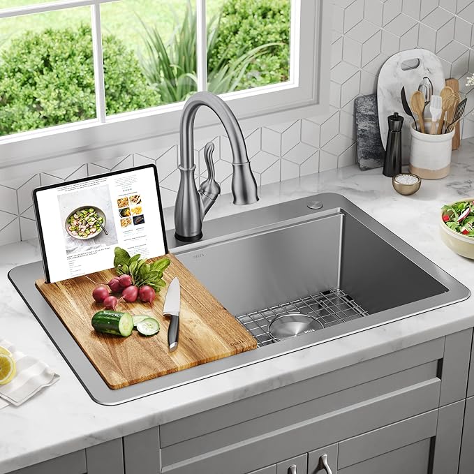 DELTA FAUCET 95A9032-T33D-SS Lorelai Workstation Kitchen Sink Drop-In Top Mount 16 Gauge Stainless Steel Double Bowl with WorkFlow Ledge and Chef’s Kit of 8 Accessories, 33 Inch