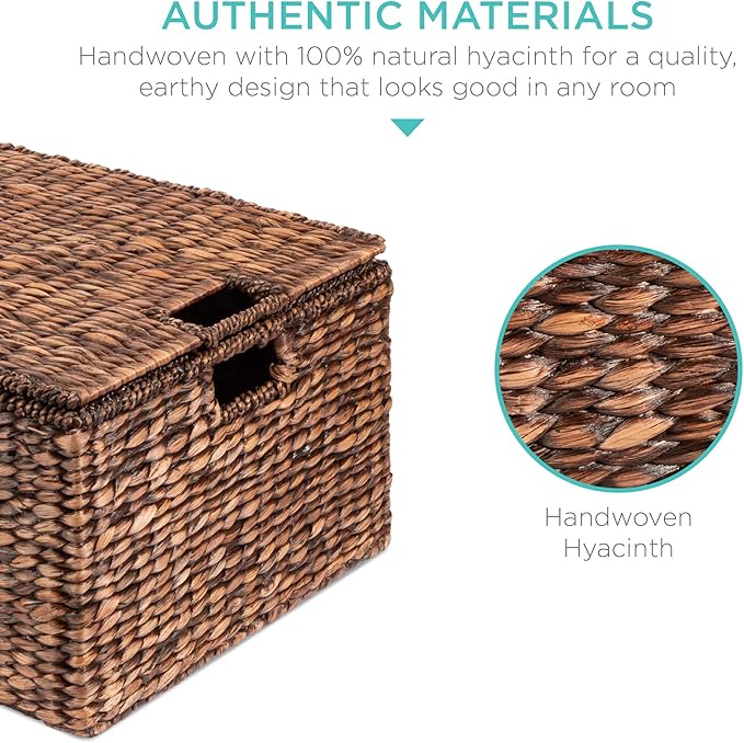 Best Choice Products Set Of 3 Large Multipurpose Hyacinth Storage Baskets, Handwoven Rectangular Organizer Totes for Bedroom, Living Room w/Insert Handles, Removable Lid - 21", 20", 18"