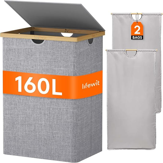 Lifewit 160L Double Laundry Hamper with Lid, Extra Large Bamboo Laundry Basket Dirty Clothes Hamper, 2 Section Laundry Bin Organizer for Laundry Room Bedroom with 2 Removable Liners & Bags, Gray