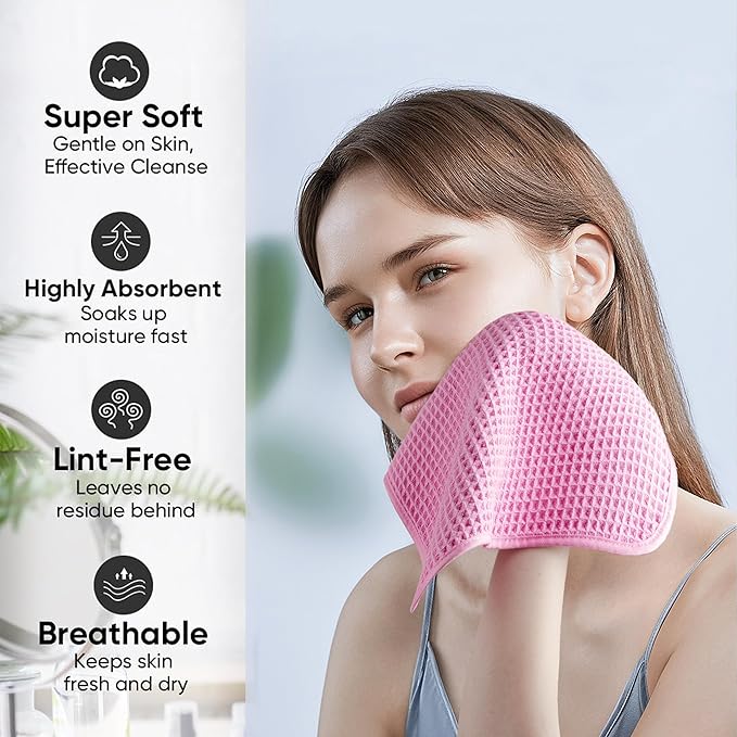 Microfiber Waffle Face Towels, 4 Pieces, Soft, Absorbent, Fast Drying, Lint Free (Pink)