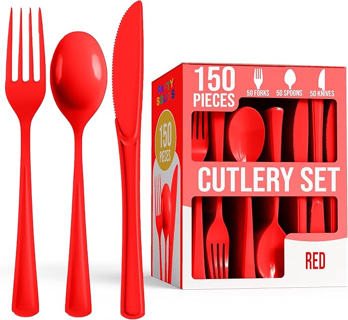 Party Solids Red Plastic Silverware Heavy Duty 150 Pieces Red Disposable Silverware Heavy Duty, Utensil Sets, 50 Of Each Forks, Knives & Spoons Disposable Cutlery Set For Party Supplies