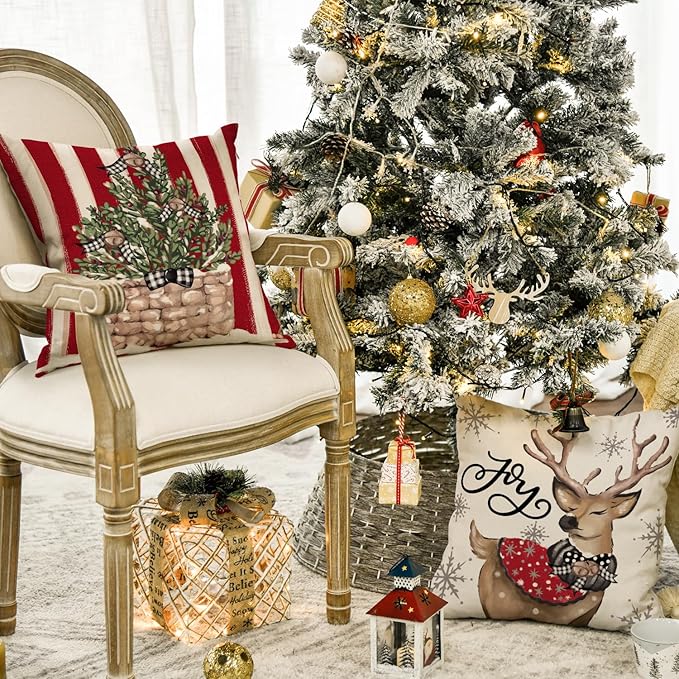 AVOIN colorlife Christmas Snowman Reindeer Gloves Eucalyptus Red Throw Pillow Covers, 20 x 20 Inch Winter Holiday Stripes Cushion Case Decoration for Sofa Couch Set of 4