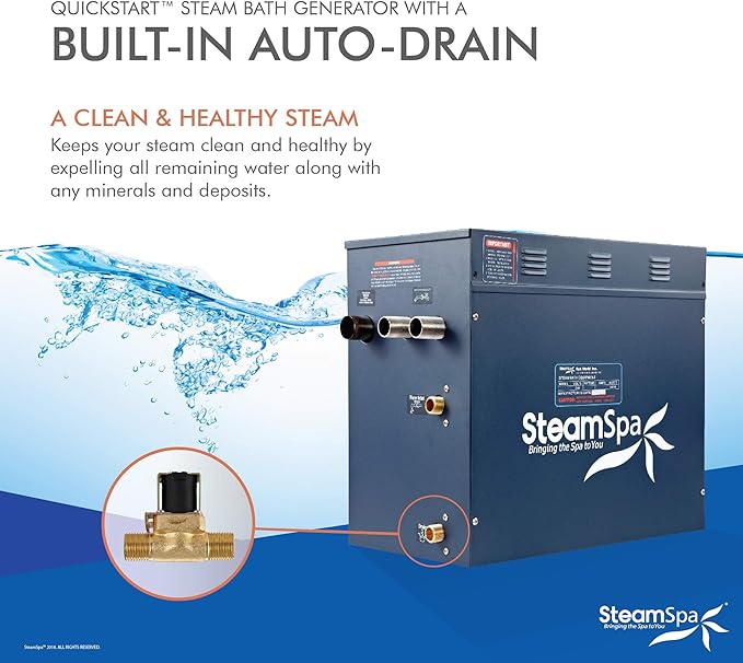 SteamSpa 10.5 kWSteam Generator QuickStart ACU-Steam Bath Generator Package with Built-in Auto Drain and Install Kit in Gold, Steam Generator Kit with Dual Control Panel Steamhead 240V (EXT1050GD-A