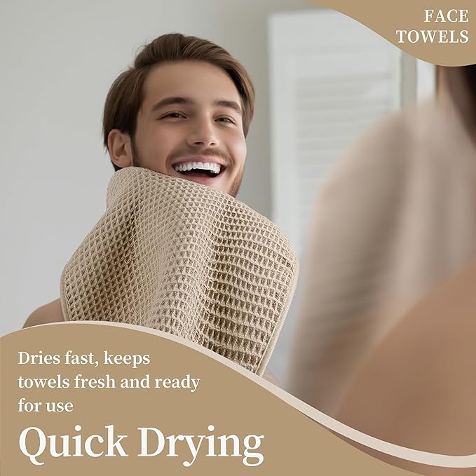 Microfiber Waffle Face Towels, 4 Pieces, Soft, Absorbent, Fast Drying, Lint Free (Beige)