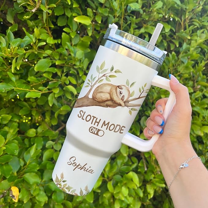 Personalized Sloth Tumbler 40oz with Handle & Straw - Lazy Themed & Funny Saying Tumbler - Cute Valentine Mother Father's Day Birthday Gifts - Custom Name Stainless Steel Travel Coffee Cup