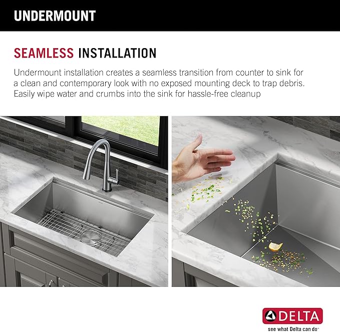 DELTA FAUCET Rivet 30-Inch Workstation Kitchen Sink Undermount 16 Gauge Stainless Steel Single Bowl with WorkFlow Ledge and Chef’s Kit of 6 Accessories, 95B931-30S-SS