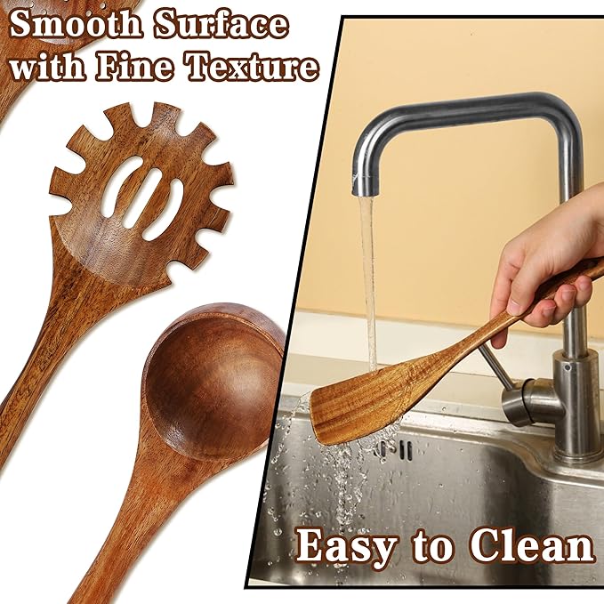 Pleafind Natural Solid Wooden Utensil Set - 10 Pcs, Non-stick Wooden Spoons for Cooking, Soft Comfort-Grip Wooden Cooking Utensils Set, Wood Kitchen Utensil Set for Non-Stick Cookware