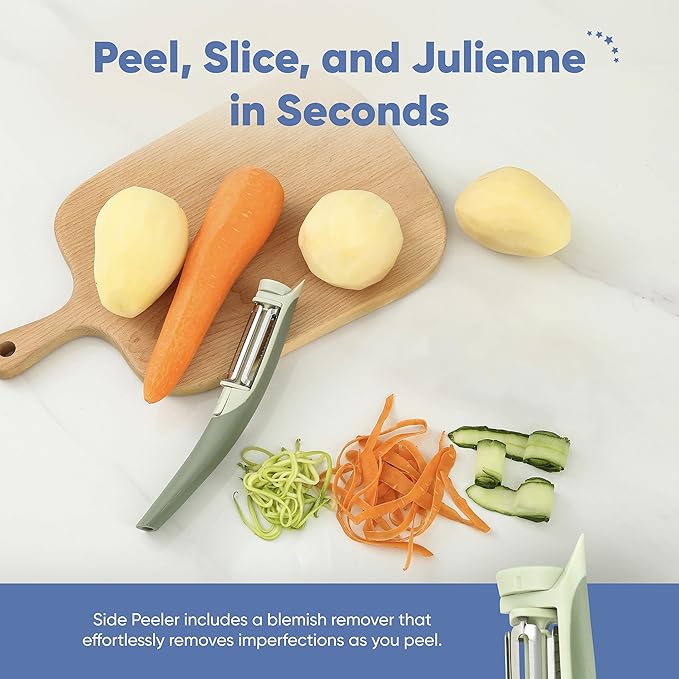Chef’s Path Tri-Blade Side Peeler – Stainless Steel Blade Fruit Peelers for Kitchen – Vegetable Slicer Kitchen Tool, Serrated, Julienne Peeler and Blemish Remover