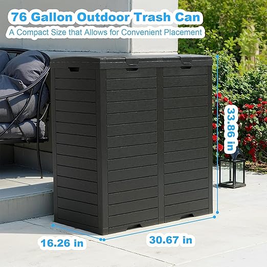 Outdoor Trash Can with Lid, Outdoor Trash Bin & Pull-Out Liquid Drawer, Dual Lid Closure Design, Waterproof Resin Garbage Can Container for Patio, Backyard, Deck (Black, 76 Gallon)